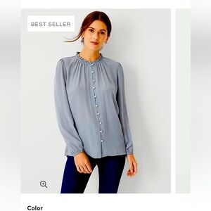New Ann Taylor Mixed Media Ruffle Neck Blouse w/ Pearl Buttons Gray Size Small